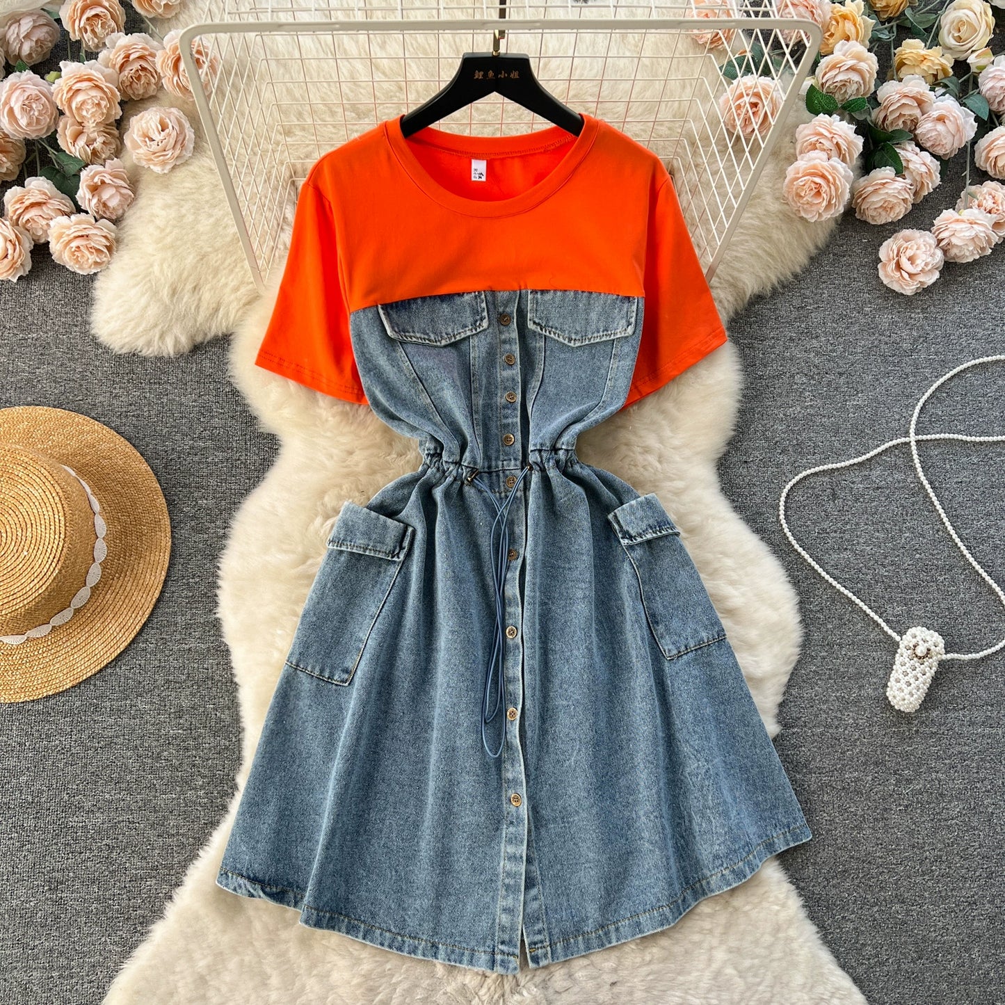 Spring Fashion Elegant Casual Women Patchwork Mini Denim Dress Vintage Slim Drawstring Dresses Female Party Clothes Robe New