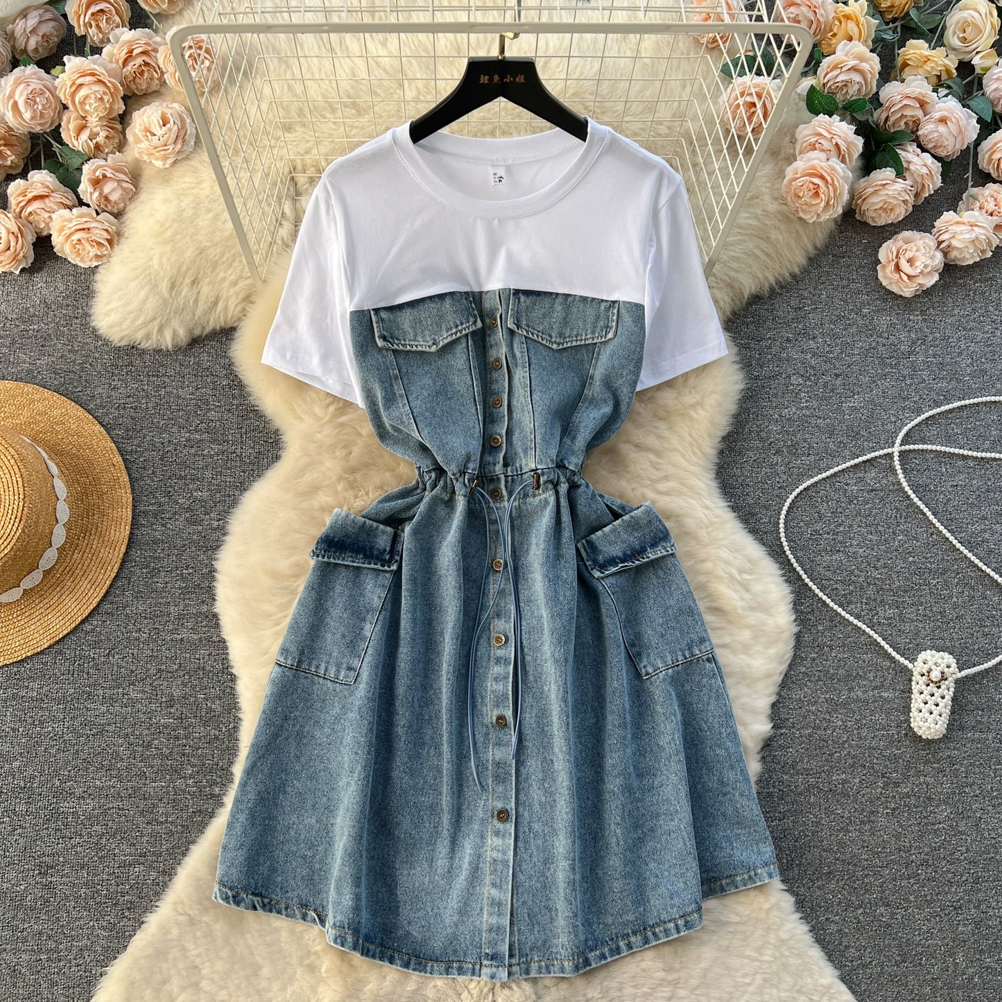 Spring Fashion Elegant Casual Women Patchwork Mini Denim Dress Vintage Slim Drawstring Dresses Female Party Clothes Robe New