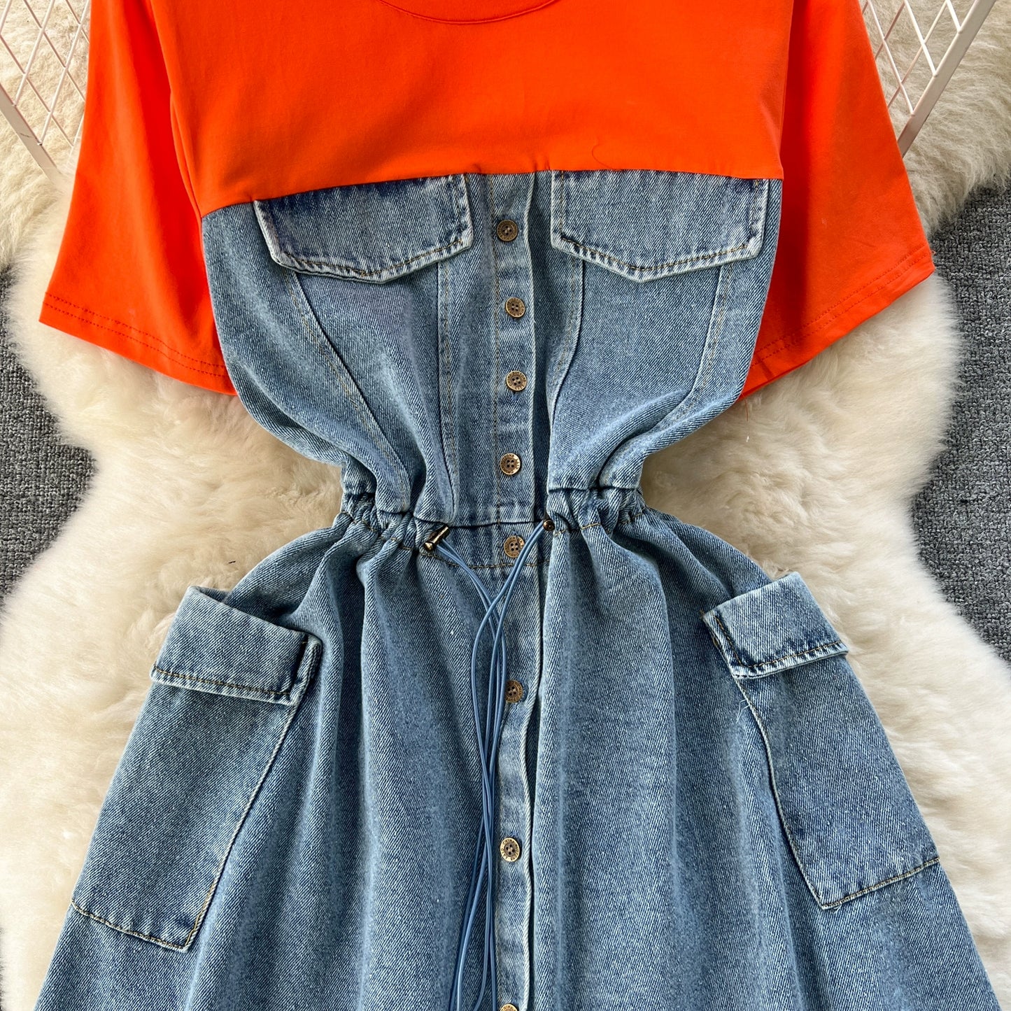 Spring Fashion Elegant Casual Women Patchwork Mini Denim Dress Vintage Slim Drawstring Dresses Female Party Clothes Robe New