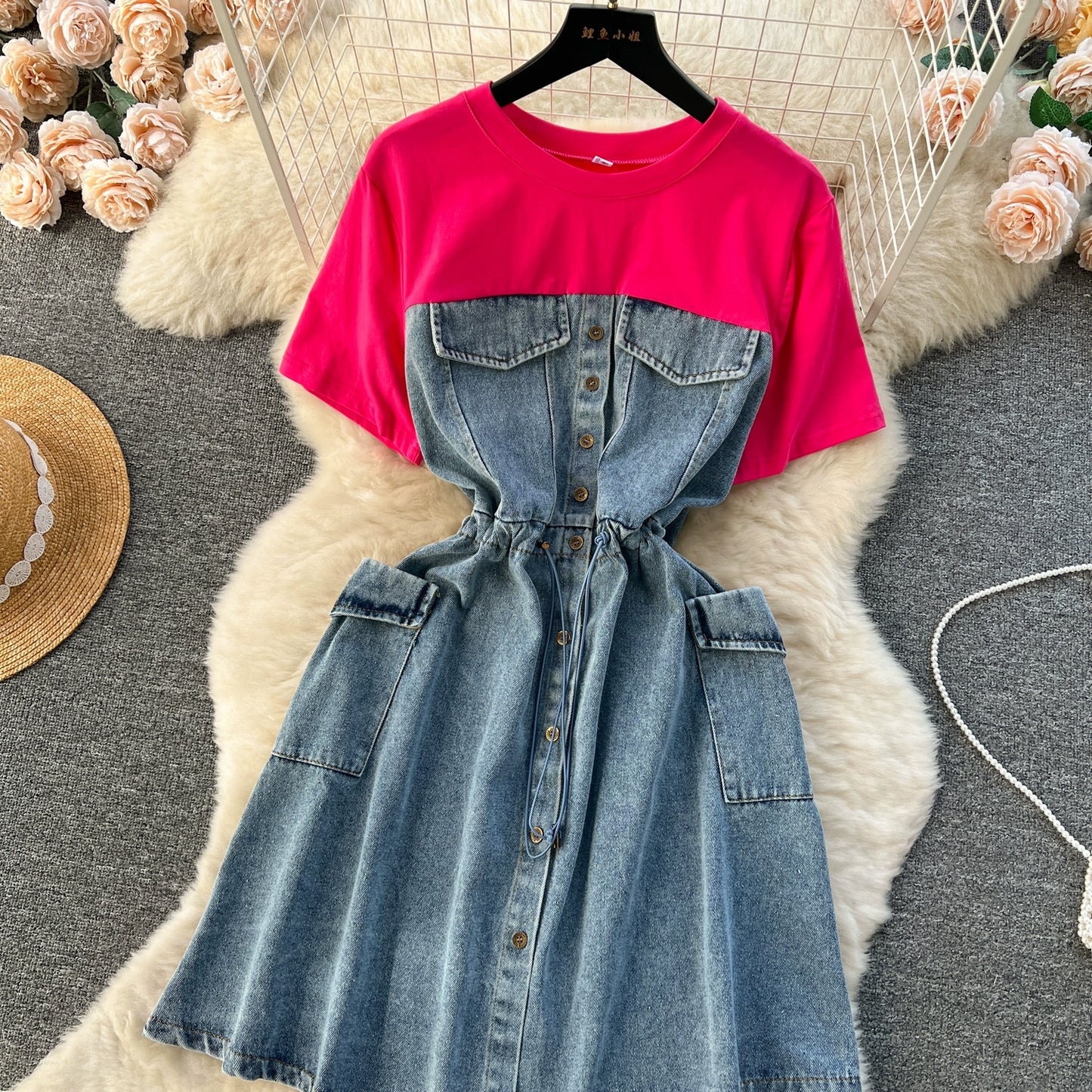 Spring Fashion Elegant Casual Women Patchwork Mini Denim Dress Vintage Slim Drawstring Dresses Female Party Clothes Robe New