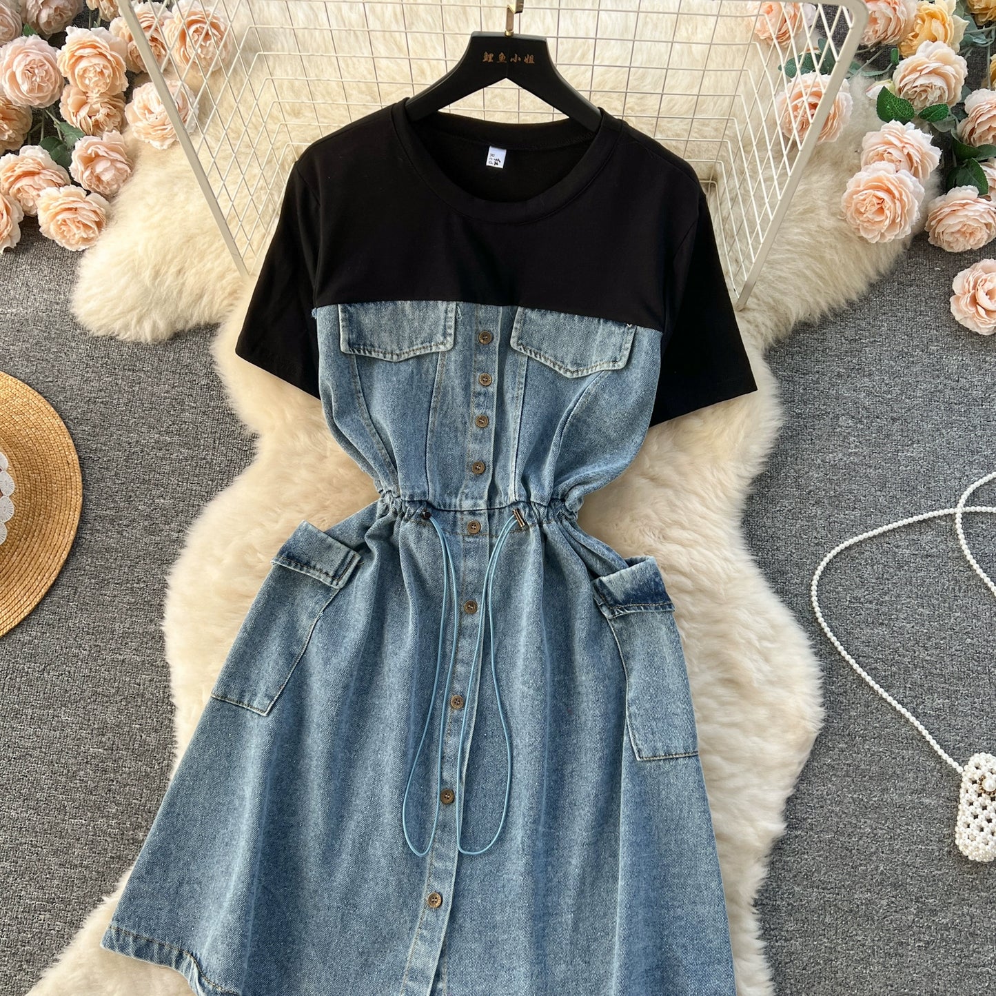 Spring Fashion Elegant Casual Women Patchwork Mini Denim Dress Vintage Slim Drawstring Dresses Female Party Clothes Robe New