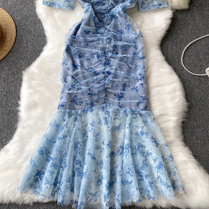 Summer Sexy Vintage Bodycon Women Dress Elegant Solid Print Slim Evening Party Club Prom Dresses Female Mesh Clothes Robe New