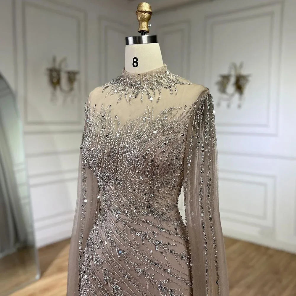 Serene Hill 2024 Nude Cape Sleeves Mermaid Lace Beaded Luxury Dubai Long Evening Dresses Gowns for Women Wedding Party BLA71885A