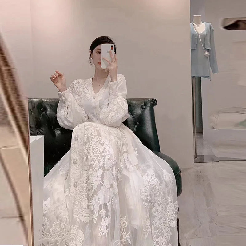 Women Spring and Autumn Heavy Industry Embroidered White V-neck Dress Elegant and Luxury Bubble Sleeve A-line Long Dresses
