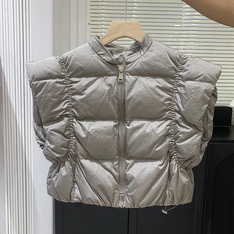 Women's Trendy Down Jacket Vest Winter Chic Sleeveless Zip Coat Round Neck Cropped Warm Waistcoat Female Spring 2024 New
