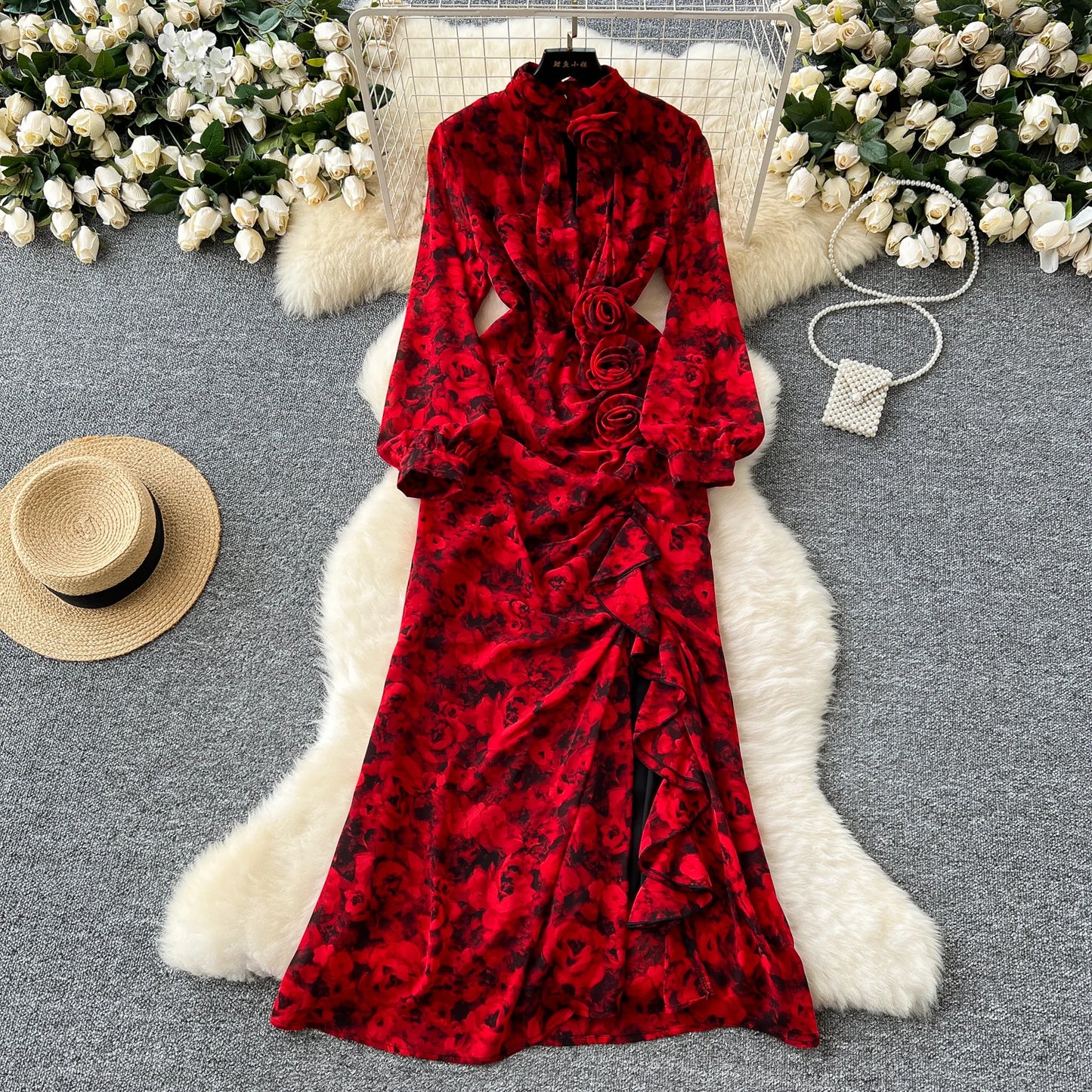 Chic French Sexy Pleated Floral Print Elegant Ruffle Dress Vintage Split Slim High Street Evening Women Autumn Winter Clothing