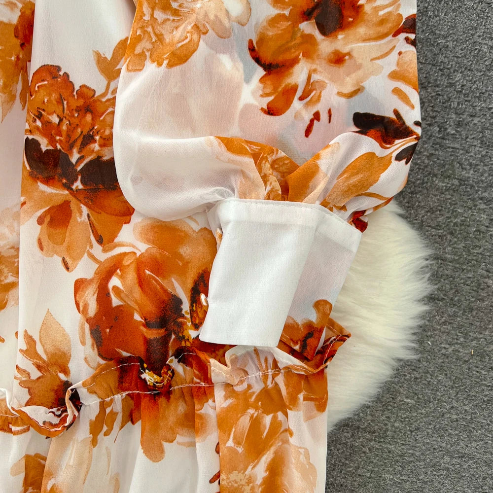 Elegant Casual Women Fashion Floral Print Long Dress Vintage Pleated A-Line Maxi Boho Beach Party Robe Female Clothes Mujers
