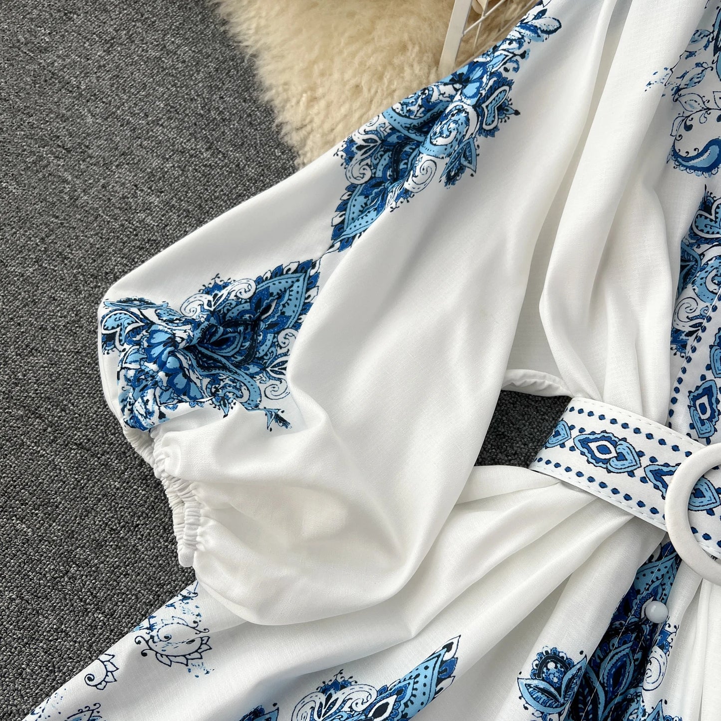 Vintage Print Elegant V-eck Single Breasted Lantern Long Sleeve Dress A-line Casual Women Fashion Summer Spring Vestidos