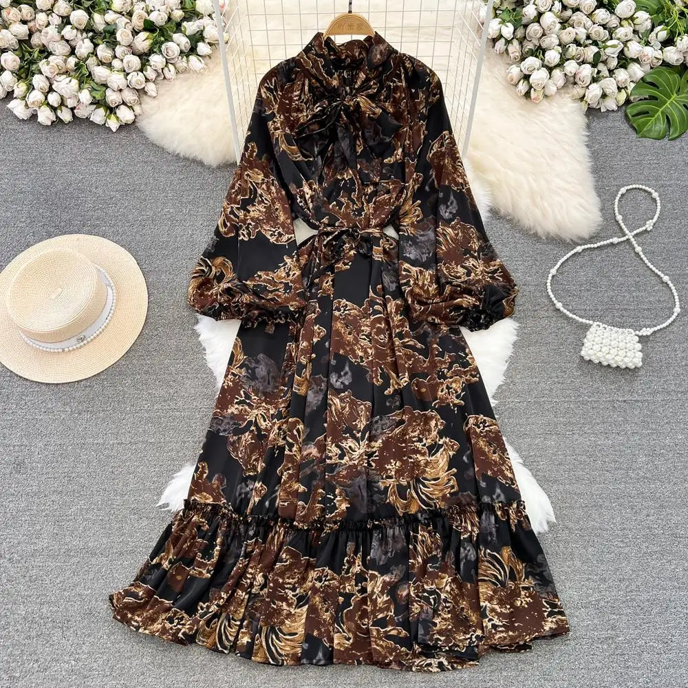 Elegant Casual A-Line Vintage Ruffle Print Long Dress Autumn Lantern Sleeve Party Boho Dresses Beach Holiday Female Vestidos