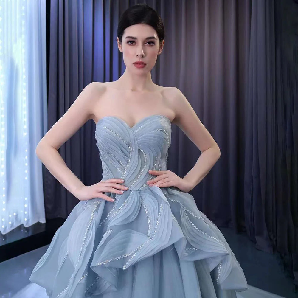 Serene Hill High End Custom Made Gray Blue Strapless Lace Up Beaded Luxury Ball Gown Bride Gowns Wedding Dress HM231064