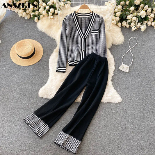 ANSZKTN Ladies Knitted Cardigan Top Wide Leg Trousers Clothing Fall Winter 2 Piece Sets For Women