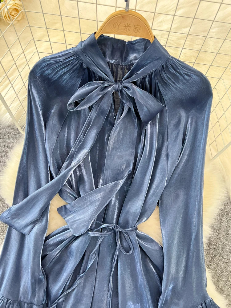 Elegant and Chic Solid Evening Dresses for Women Fashion New Bow Lace Up Flare Long Sleeve A-Line Vestidos Autumn Female Clothes