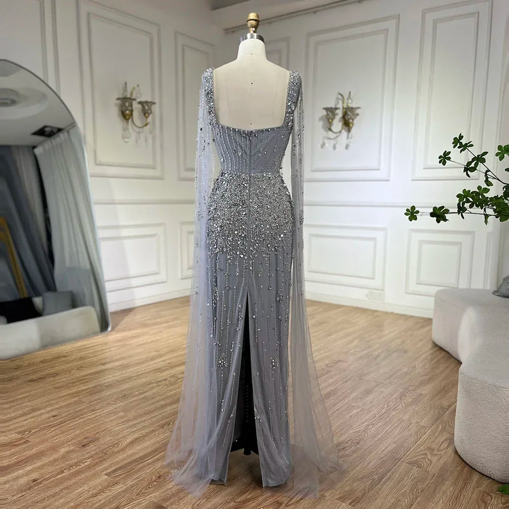 Serene Hill Arabic Gray Mermaid Beaded Luxury Dubai Long Evening Gown with Cape Sleeves Elegant for Women - Party 2024 BLA72592