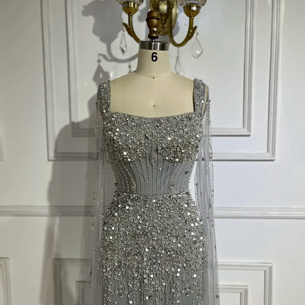 Serene Hill Arabic Gray Mermaid Beaded Luxury Dubai Long Evening Gown with Cape Sleeves Elegant for Women - Party 2024 BLA72592