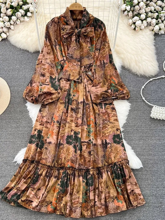 Elegant Casual A-Line Vintage Ruffle Print Long Dress Autumn Lantern Sleeve Party Boho Dresses Beach Holiday Female Vestidos