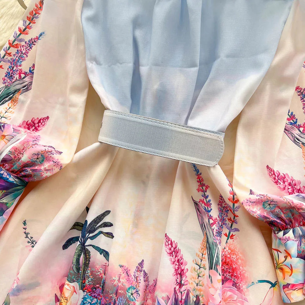 Chic Print Ruffle Elegant Puff Sleeve Dress A-line Casual Belt Beach Vacation Mini Dress Women Fashion Summer Spring Vestidos