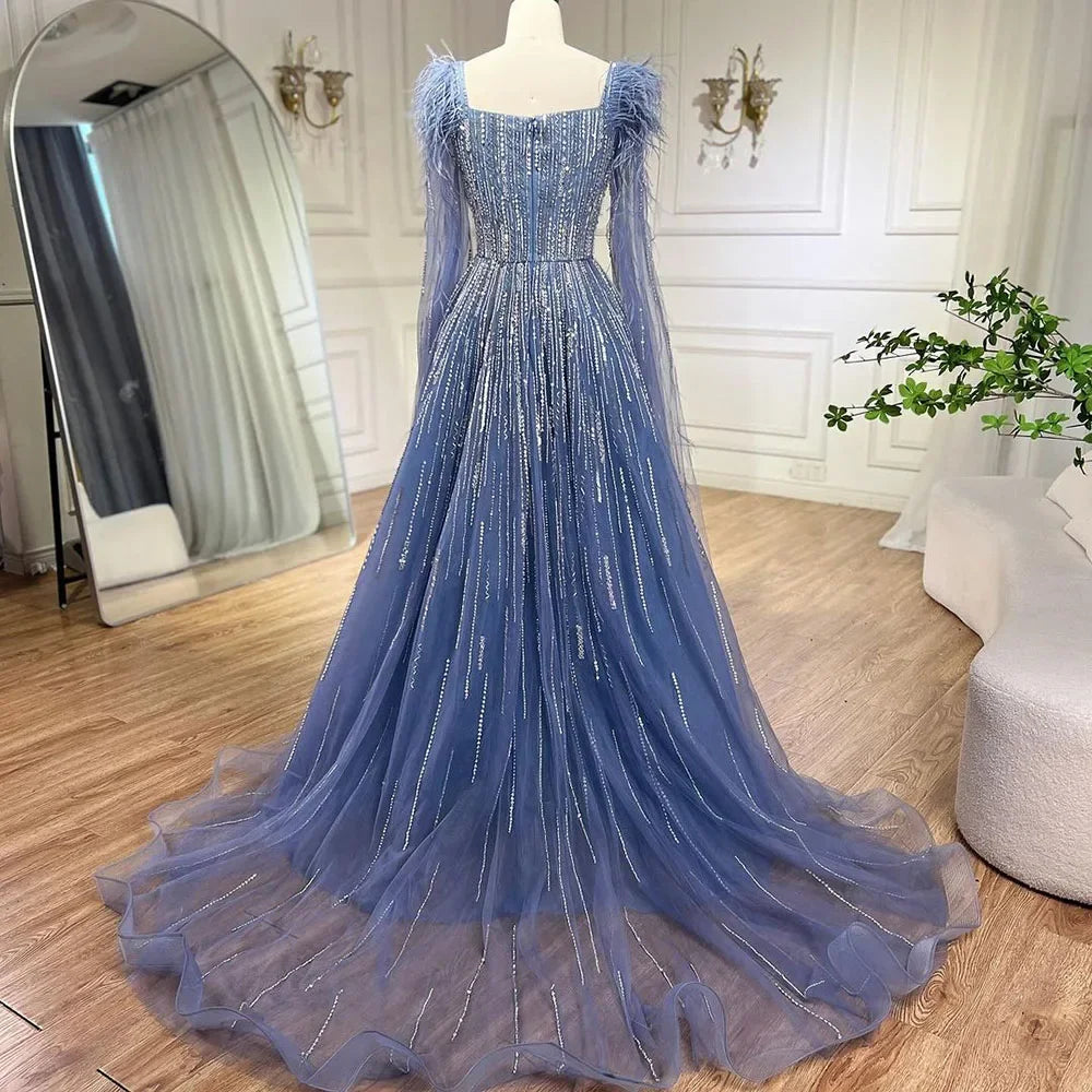 Serene Hill Luxury Dubai A Line Blue Cape Sleeves Feathers Beaded Evening Dresses Gowns 2023 For Women Wedding Party BLA72236