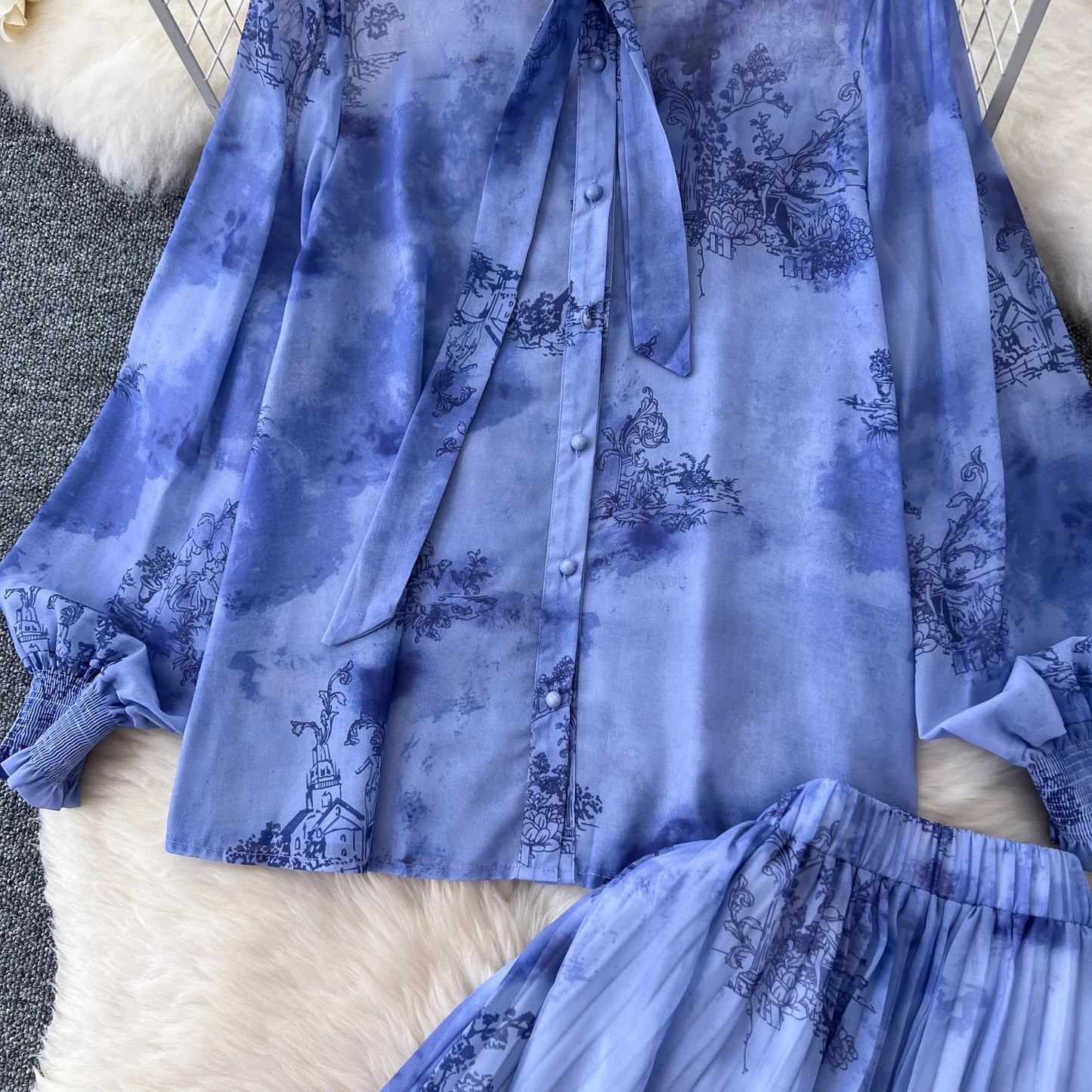Women Chic Print Sweet Two Pieces Sets Bow Lantern Long Sleeve Top  High Waitst Wide Skirt Fashion Summer Sets