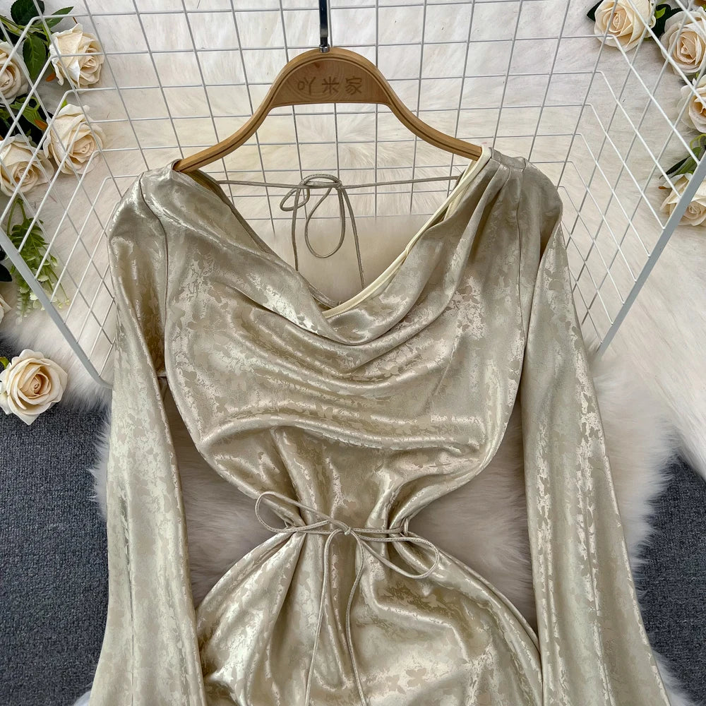 Autumn Evening Dresses for Women Elegant Bodycon Party Prom Robe Vintage Flare Sleeve Swinging Collar Midi Vestidos Mujer New