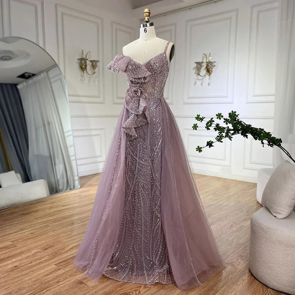 Serene Hill Golden Mermaid Evening Dress With Skirt - Women's Luxury Grey Beaded Spaghetti Strap Party 2024, LA72341