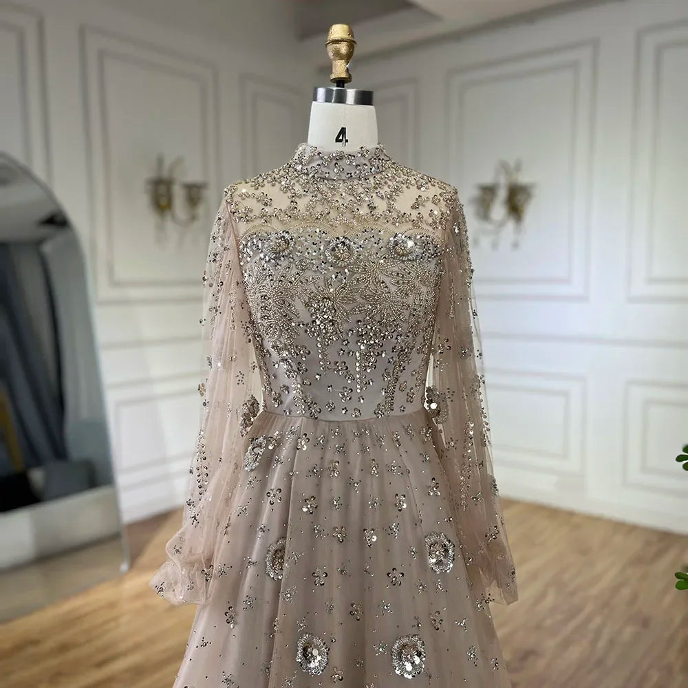 Serene Hill Muslim Nude A-Line Beaded Luxury Elegant Dubai Long Evening Gown for Women - Wedding Party 2024  LA72594