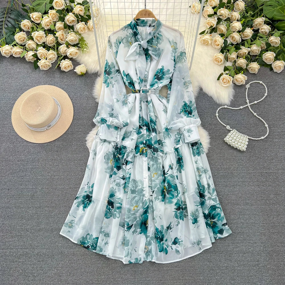 Elegant Casual Women Fashion Floral Print Long Dress Vintage Pleated A-Line Maxi Boho Beach Party Robe Female Clothes Mujers