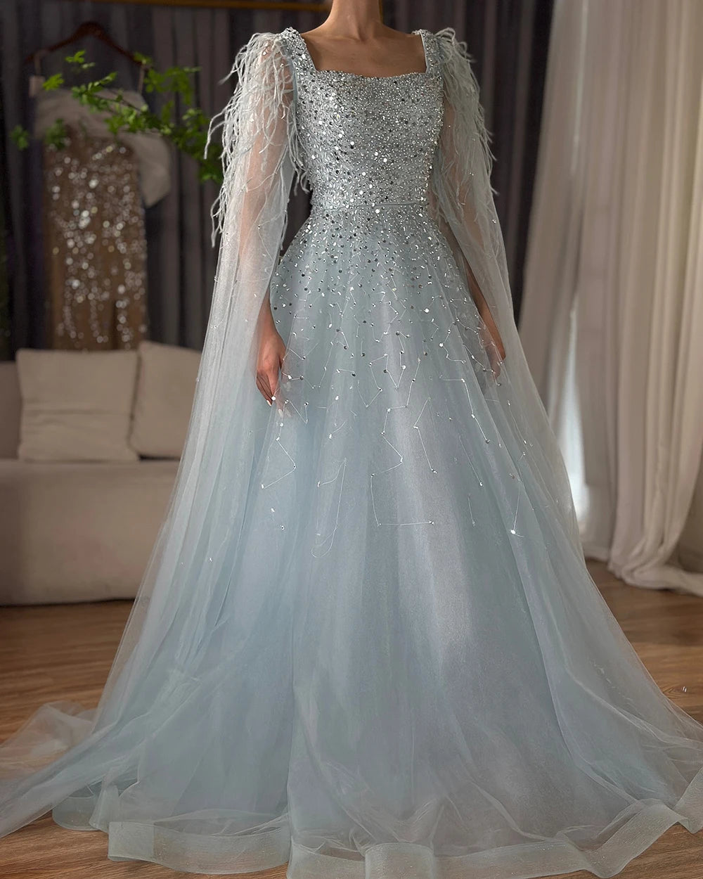 Serene Hill Arabic Blue A Line Feathers Cape Sleeves Beaded Luxury Saudi Evening Dresses Gowns for Formal Occasion 2024 LA71782A