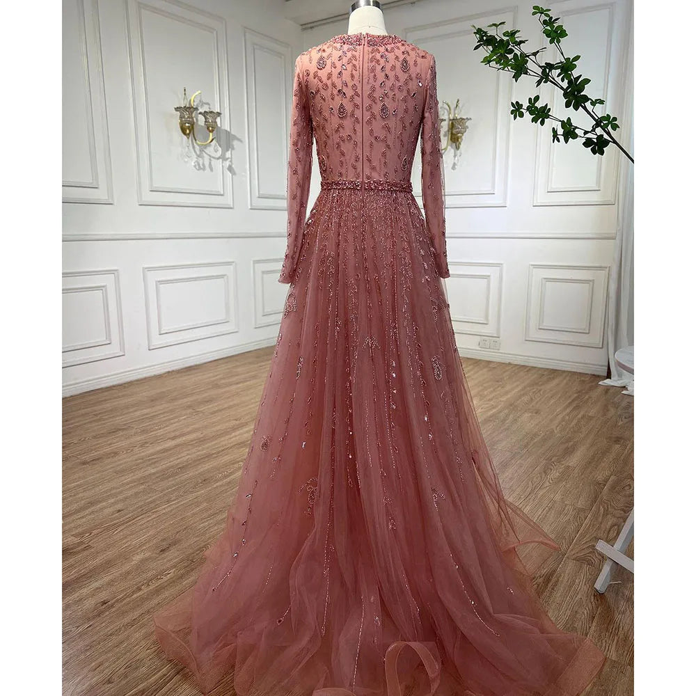Serene Hill Peach Long Sleeves A-line Muslim Evening Dresses Luxury Beaded Dubai Wedding Party Gowns 2024 For Women GLA71803C