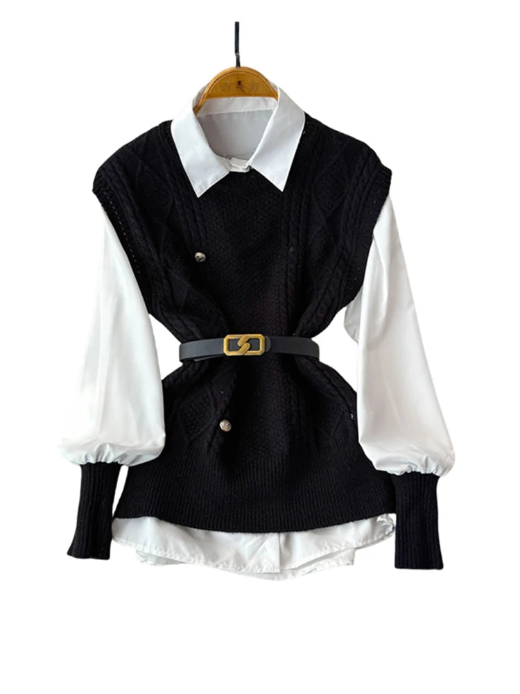 XFPV Women's Sweet Long Sleeve Shirt Top Sweater Knitted Vest Shirt Two Piece Set Y2k Korean Fashion Tide Autumn 2024 SM11613