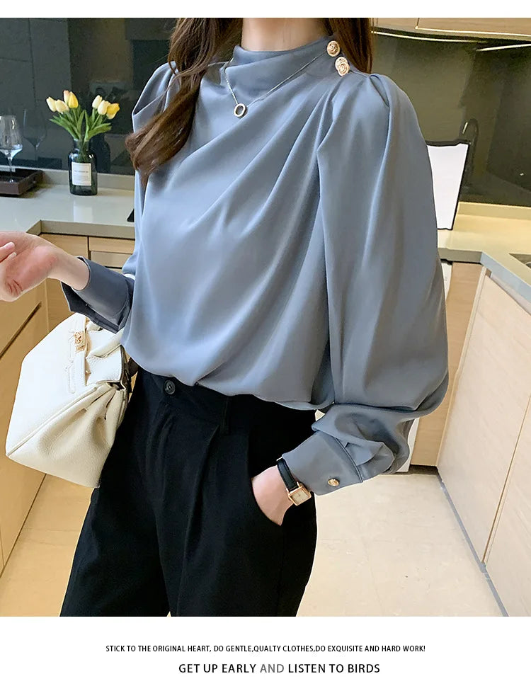 Autumn New Women's Style Stand up Collar Pleated Long Sleeve Top Fashion Lantern Sleeve Loose Elegant Solid Color Shirt Blouse