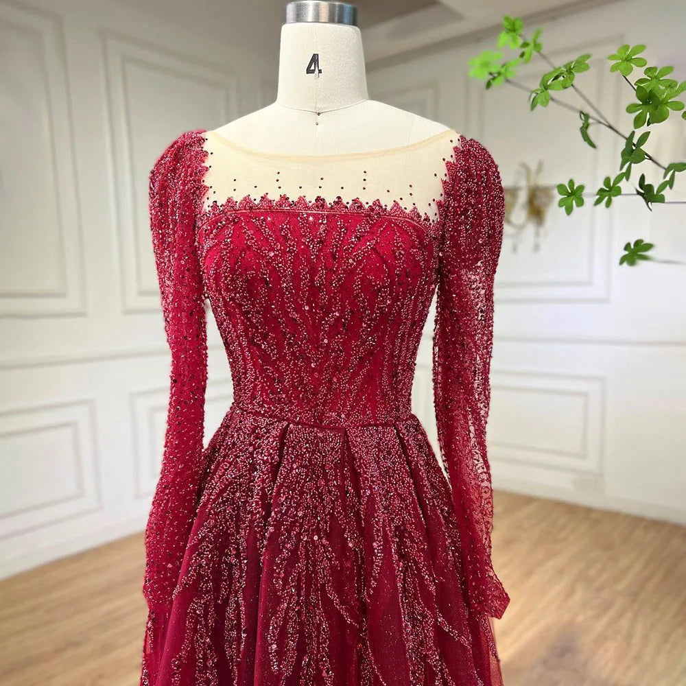 Serene Hill Muslim Pink A Line Beaded Luxury Dubai Long Evening Dresses Gowns 2024  For Woman Wedding Party LA71915