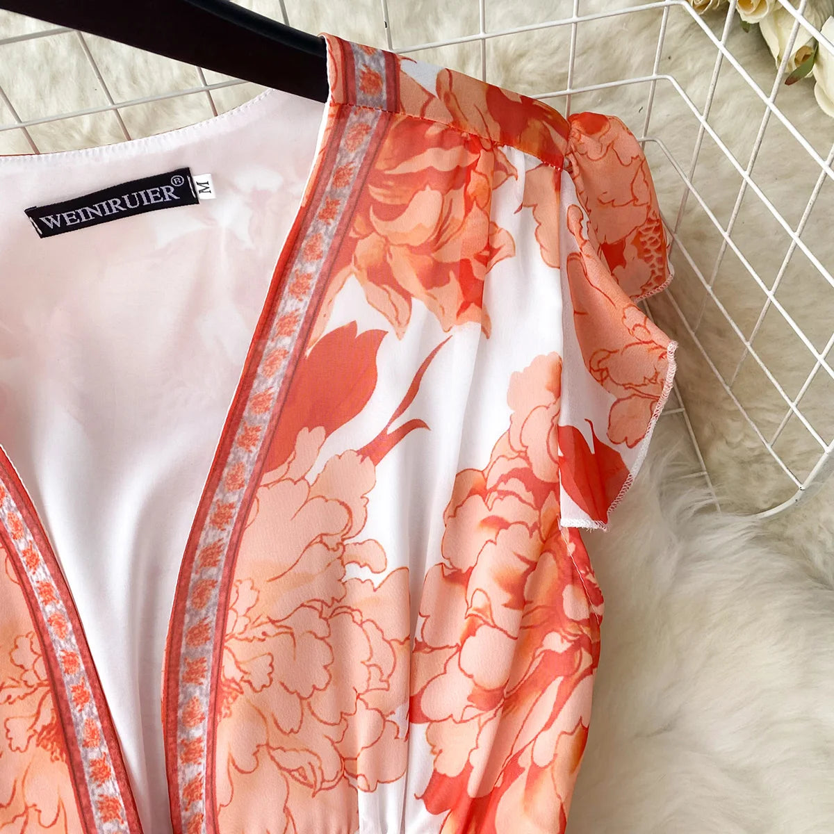 Short Dresses Women Cap Sleeve Vintage Print Chiffon Dress Faux Pearl Buttoned V Neck Ruffle Hem Wedding Elegant Party Dress