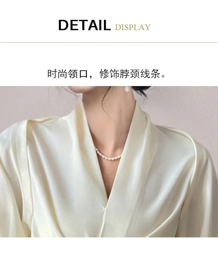 Autumn New Women's Long sleeved V-neck Shirt Top Short French Elegant Temperament Satin Effect Slimming Shirt Blouse