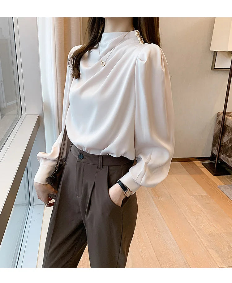 Autumn New Women's Style Stand up Collar Pleated Long Sleeve Top Fashion Lantern Sleeve Loose Elegant Solid Color Shirt Blouse