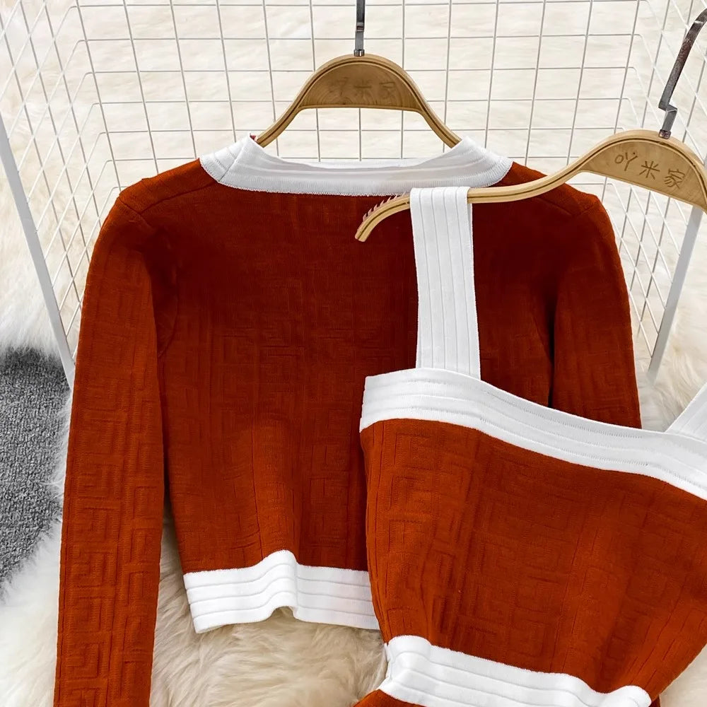 Spring Autumn New Trendy Knitted Two Piece Set for Women Vintage Elegant Slim Suits V-neck Short Cardigan+Mini Hip Wrap Dress