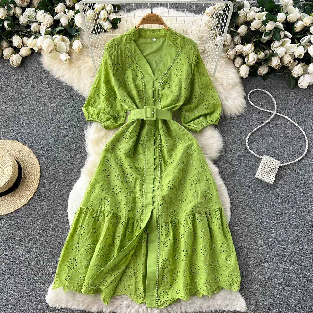 Summer V-neck Hollow Out Dress Women Bubble Sleeves Loose Embroidered Ruffle Edge Long Dresses Ladies Elegant Casual Long Robe