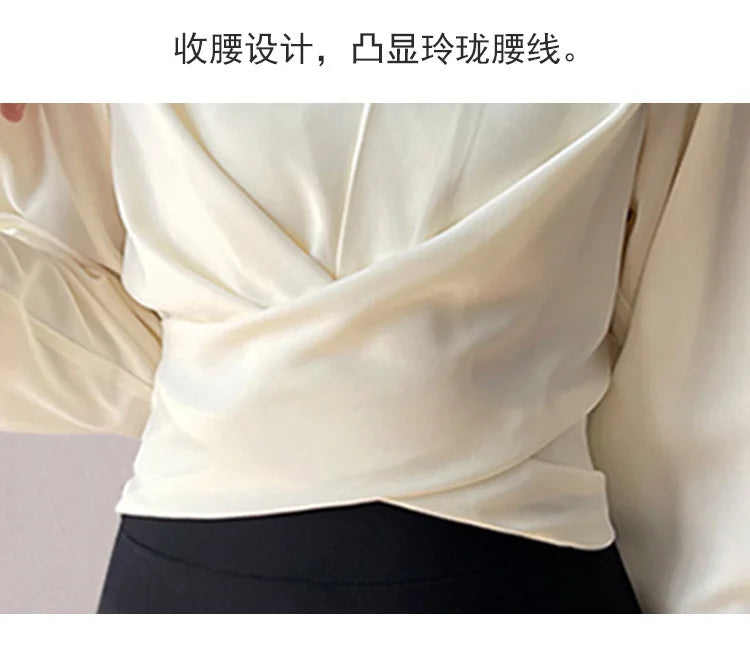 Autumn New Women's Long sleeved V-neck Shirt Top Short French Elegant Temperament Satin Effect Slimming Shirt Blouse
