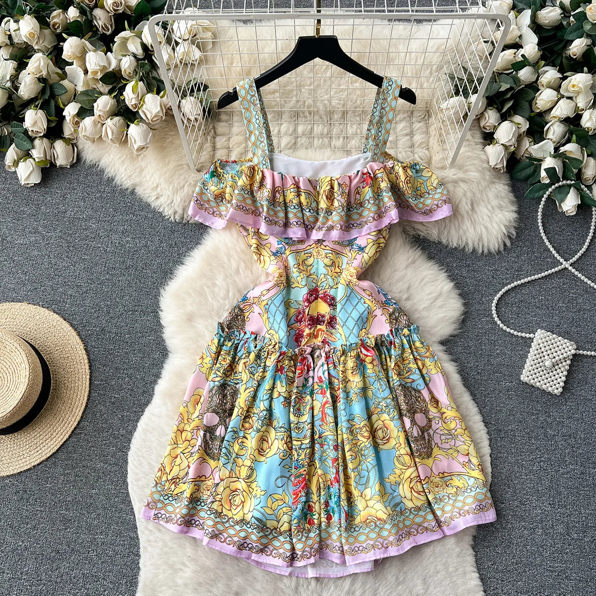 Women Elegant Vintage Print Dress 2023 Layered Ruffle Straight Neckline Strap Off Shoulder Dress For Holiday Summer Mini Dress