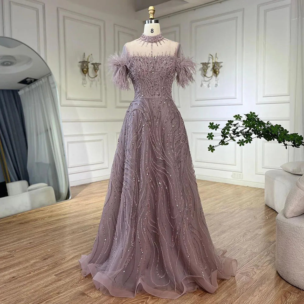 Serene Hill 2024 Arabic blue A Line Short Sleeveless Luxury Evening Dresses Beaded Feathers For Women Wedding Party LA72351