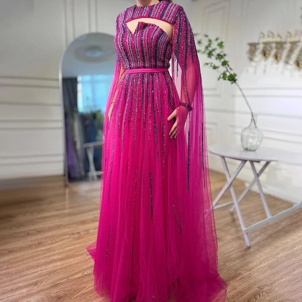 Arabic Green Cape Sleeves A Line Beaded Evening Dresses Long 2023 Celebrity Gowns For Woman Wedding Party BLA71912 Serene Hill