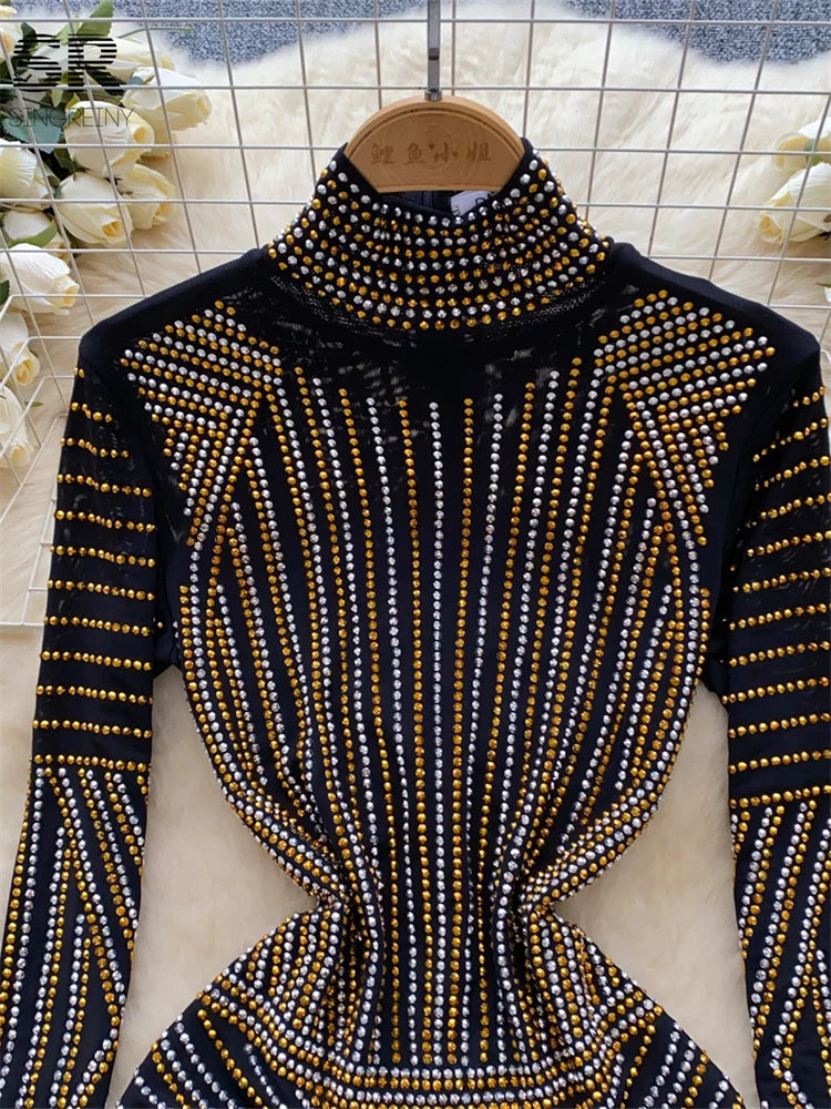 SINGREINY Autumn Beadings Dress Women Long Sleeve Temperament Zipper Design Half High Collar Slim Basic Fashion Chic Club Dress