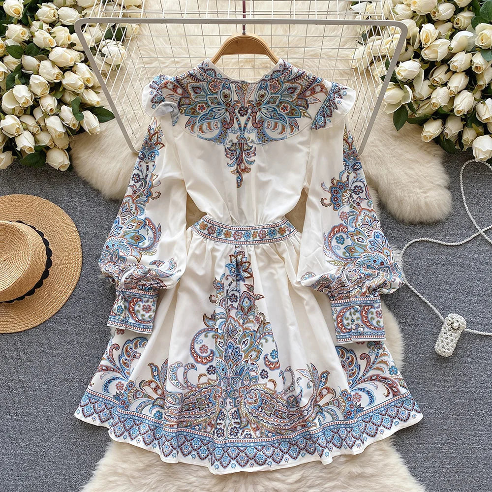 Elegant Dresses For Women 2024 V Neck Vintage Paisley Print Mini Holiday Dress Spring Ruffle Trim Long Sleeve Bohemian Dress