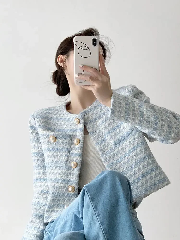 ITOOLIN Autumn Winter Women Elegant  Tweed Cardigan Short Coat With Pocket Single Breasted Jacket For Women Loose Outwear 2024