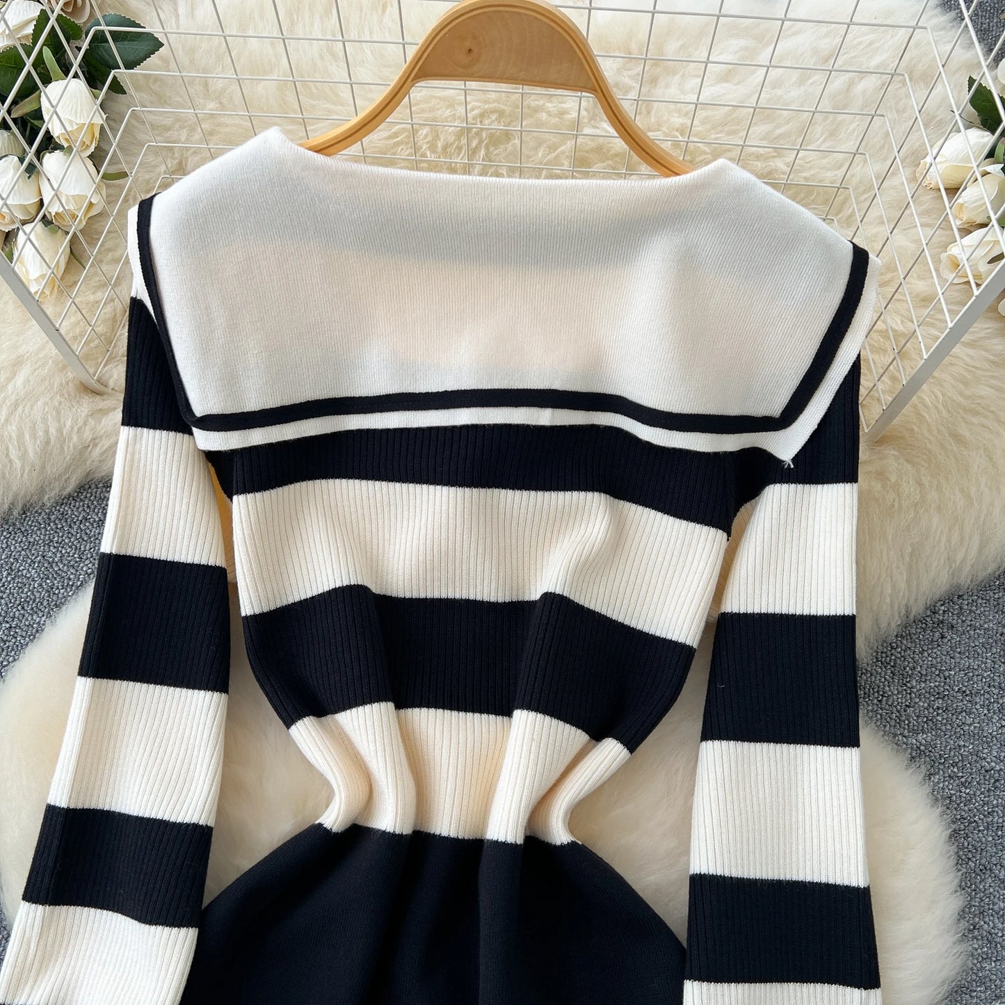 Chic Turn-down Collar Slim Bandage Long Sleeve Patchwork Striped Knit Dress High Street Vintage Women Autumn Winter Clothing