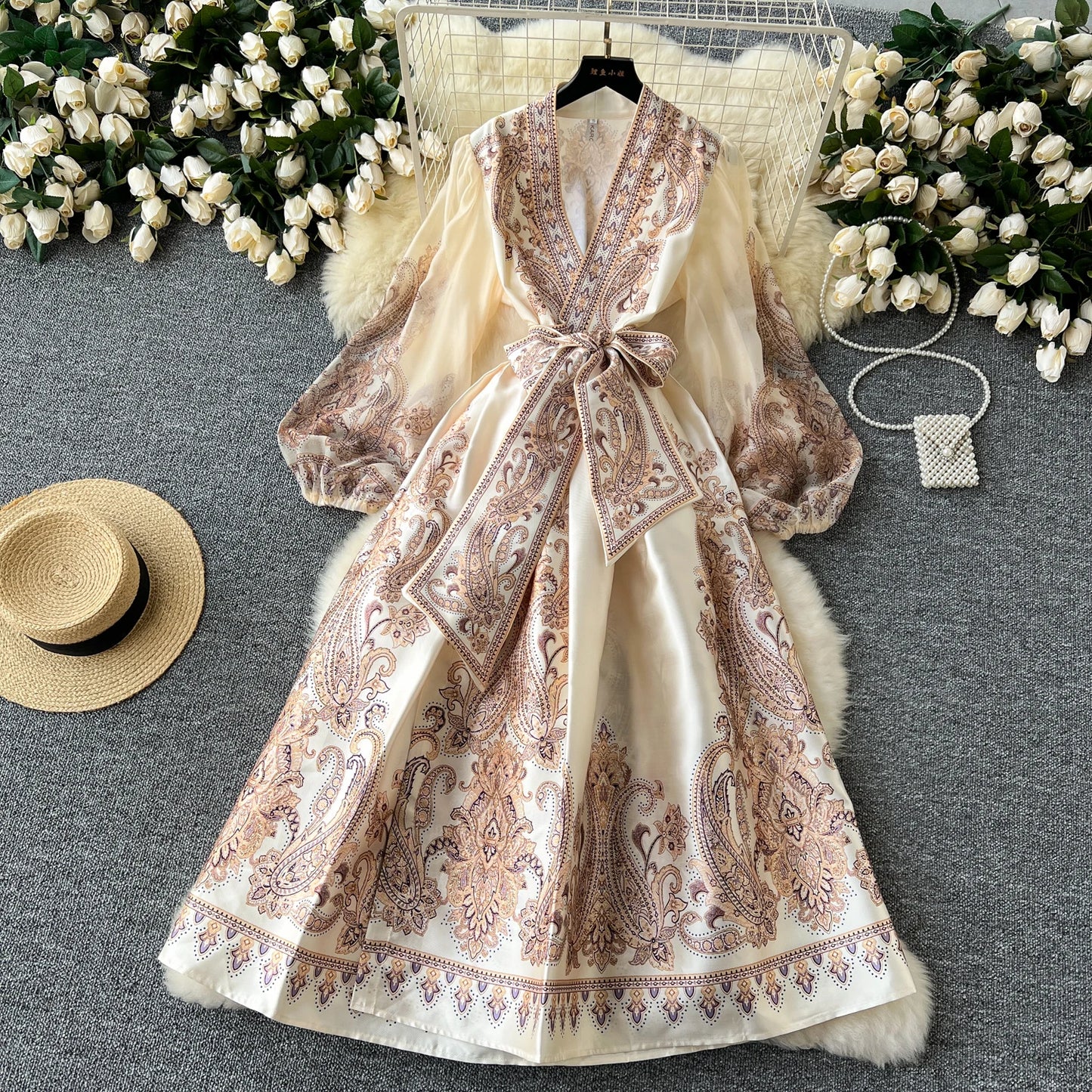 Vintage Elegant sweet puff sleeve Bandage Dress A-line Chic Casual Beach Vacation Women Summer dresses