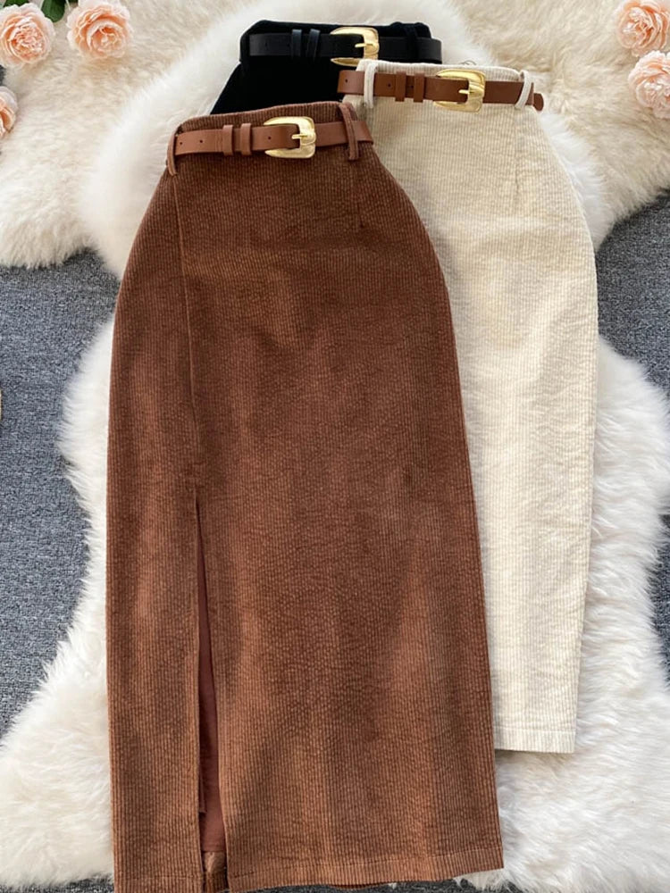XFPV Women Korean Split Mid-calf Length High Waist Slim Package Hip A-line Skirt 2023 Fashion New Tide Spring Summer SM5066