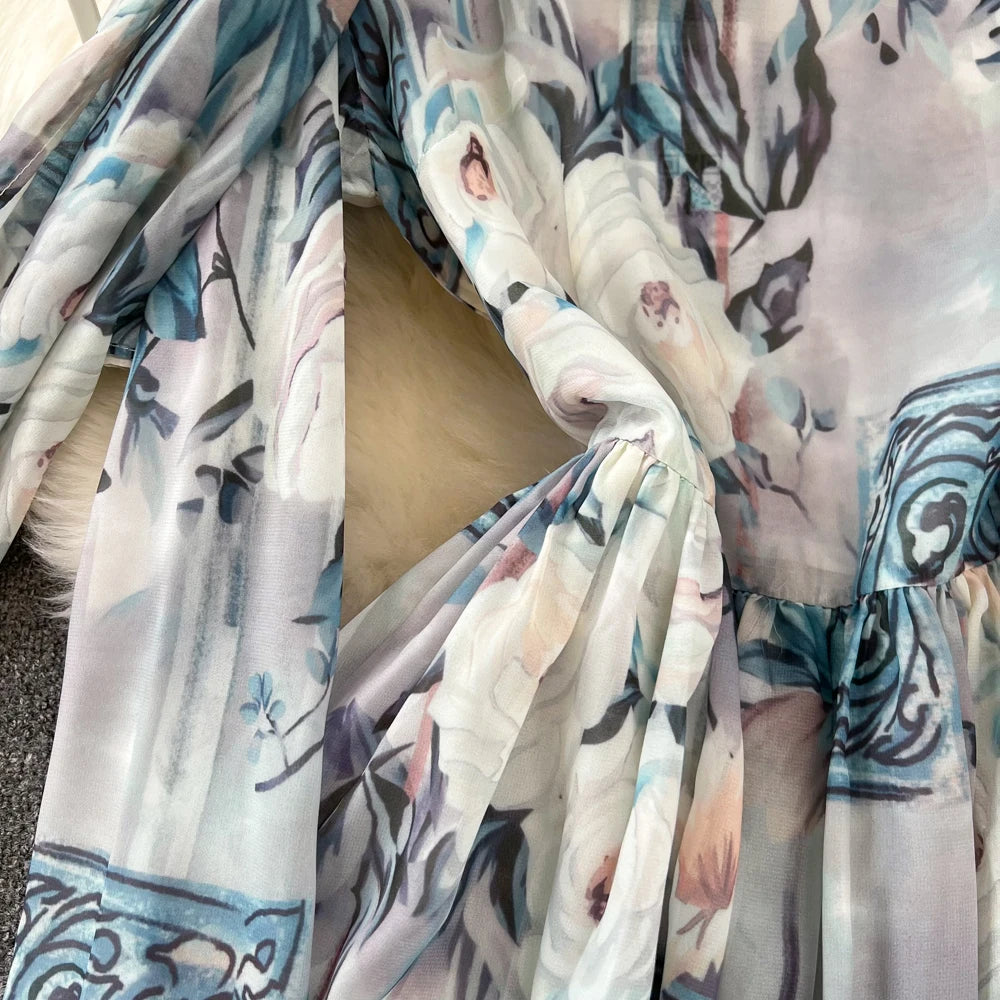 Elegant Chic A-Line Women Autumn Dress Long Sleeve Casual Floral Print Vintage Beach Holiday Vestidos Female Lace-up Robe Mujers