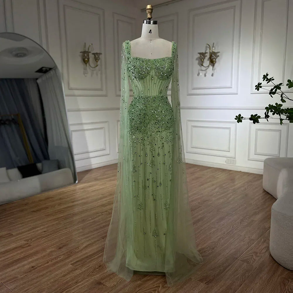 Serene Hill Arabic Gray Mermaid Beaded Luxury Dubai Long Evening Gown with Cape Sleeves Elegant for Women - Party 2024 BLA72592