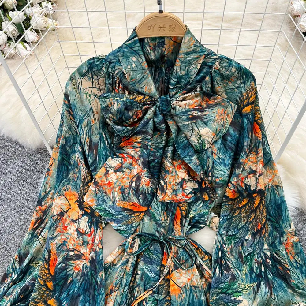 Elegant Casual A-Line Vintage Ruffle Print Long Dress Autumn Lantern Sleeve Party Boho Dresses Beach Holiday Female Vestidos