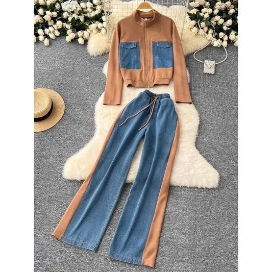 Fashion Two Piece Set Women Autumn Casual Sports Versatile Stand Up Collar Zipper Long Sleeved Top Jacket + Denim Patchwork Pant